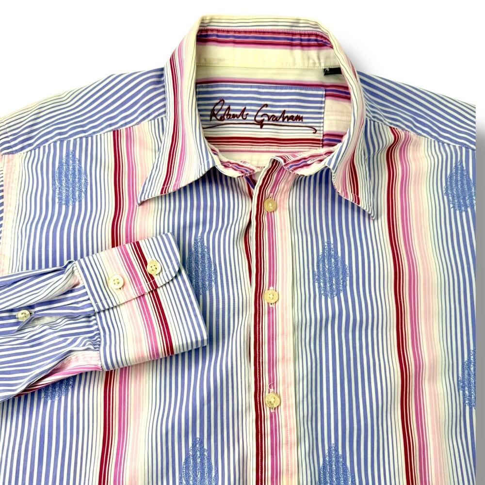 Robert Graham Mens L Striped Embroidered Shirt Blue Pink Purple Long Sleeve L